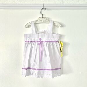 Vintage white sundress with eyelet trim and purple satin ribbon